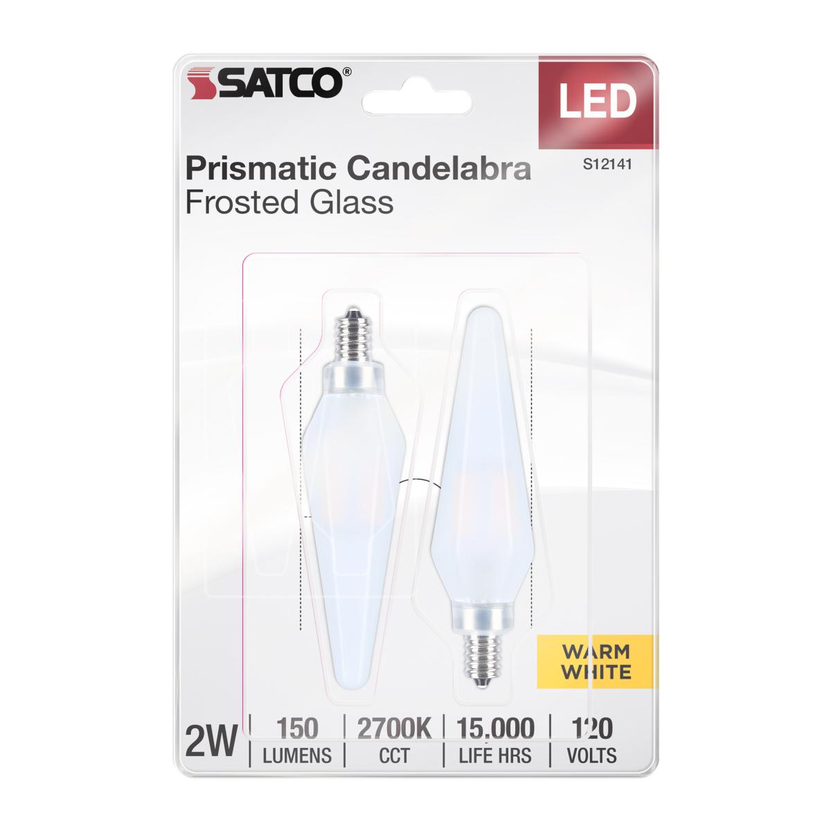 Satco S12141 Prismatic HX11 LED Light Bulb 2W 120V 2700K E12 Candelabra Base Frosted Finish Dimmable (12 Light Bulbs)