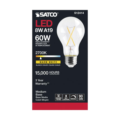 SATCO S12414 High Lumen 8W 120V A19 LED Bulbs E26 Medium Base 2700K Dimmable (24 Pack)