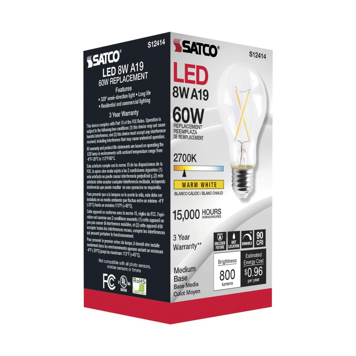 SATCO S12414 High Lumen 8W 120V A19 LED Bulbs E26 Medium Base 2700K Dimmable (24 Pack)