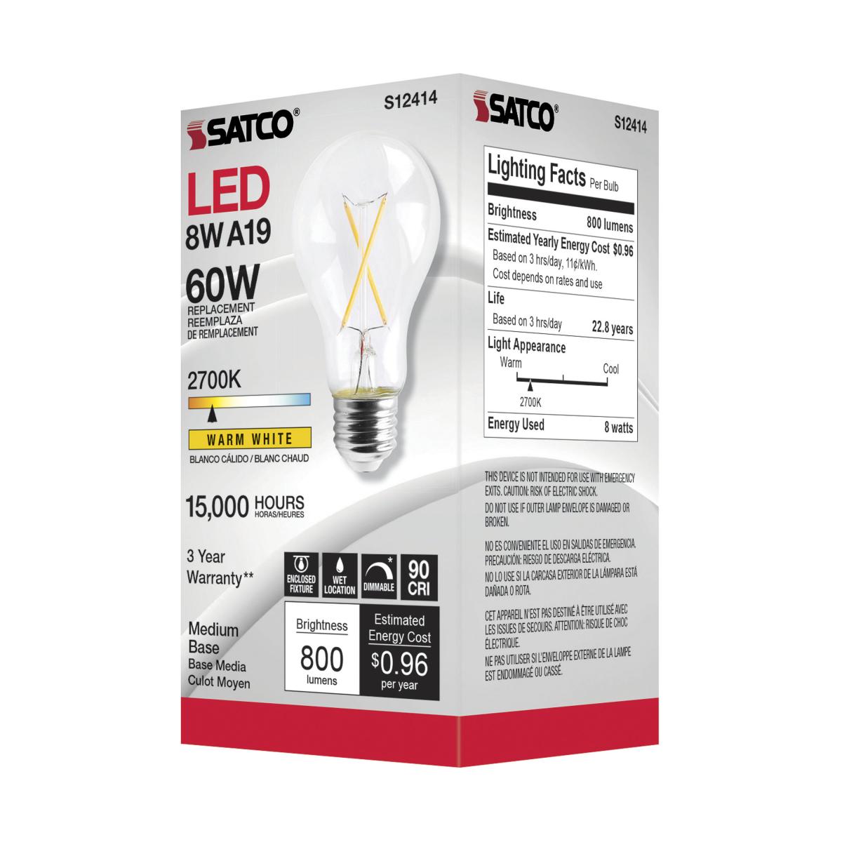 SATCO S12414 High Lumen 8W 120V A19 LED Bulbs E26 Medium Base 2700K Dimmable (24 Pack)