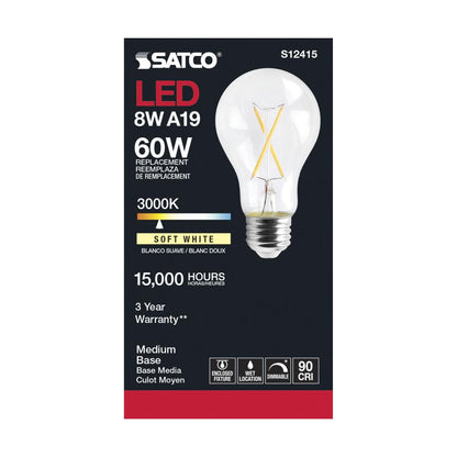 SATCO S12415 High Lumen 8W 120V A19 LED Bulbs E26 Medium Base 3000K Dimmable (6 Pack)