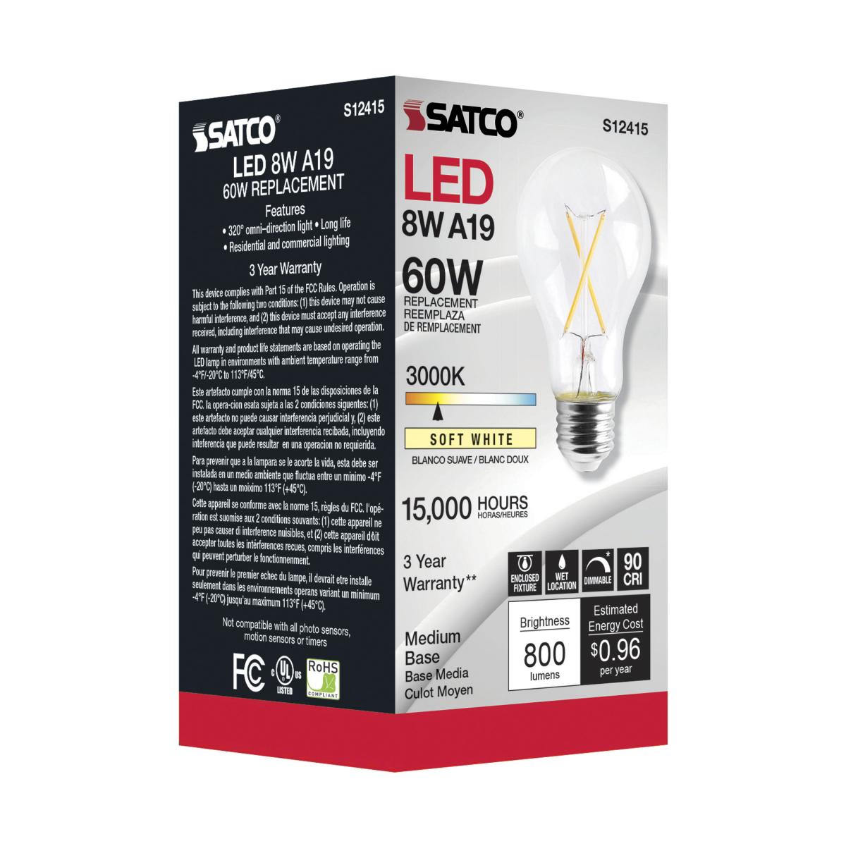 SATCO S12415 High Lumen 8W 120V A19 LED Bulbs E26 Medium Base 3000K Dimmable (6 Pack)