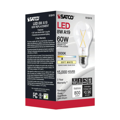 SATCO S12415 High Lumen 8W 120V A19 LED Bulbs E26 Medium Base 3000K Dimmable (6 Pack)