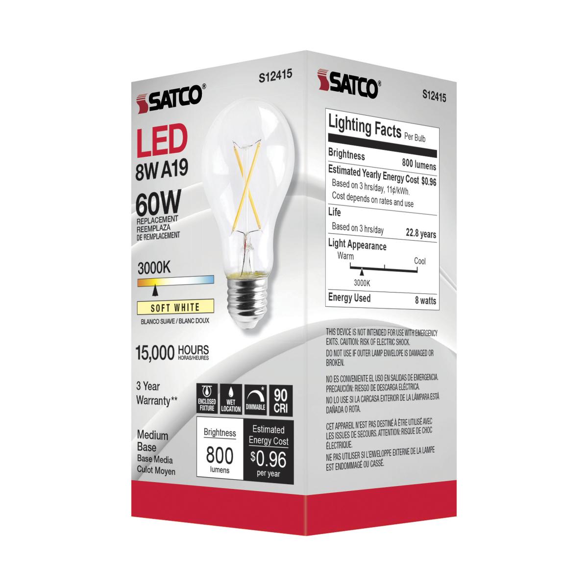 SATCO S12415 High Lumen 8W 120V A19 LED Bulbs E26 Medium Base 3000K Dimmable (6 Pack)