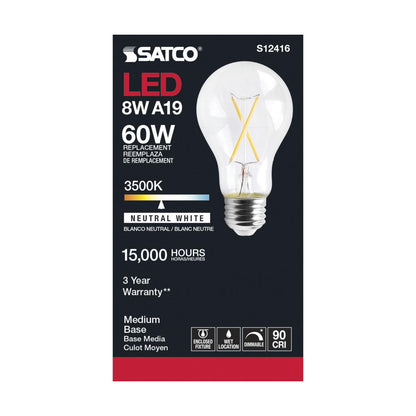 SATCO S12416 High Lumen 8W 120V A19 LED Bulbs E26 Medium Base 3500K Dimmable (6 Pack)