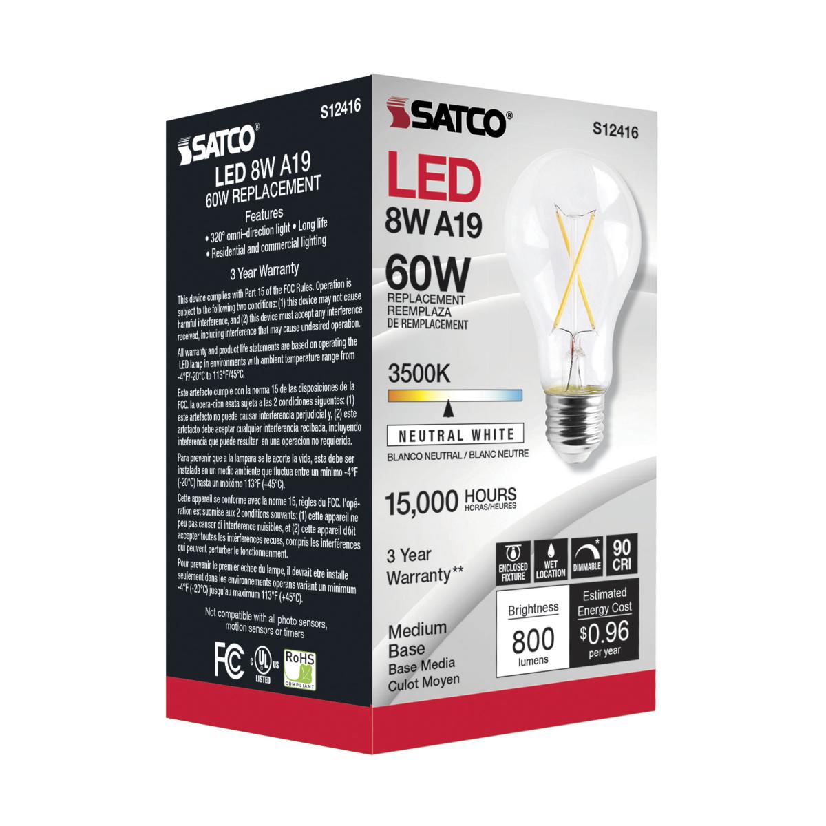 SATCO S12416 High Lumen 8W 120V A19 LED Bulbs E26 Medium Base 3500K Dimmable (6 Pack)