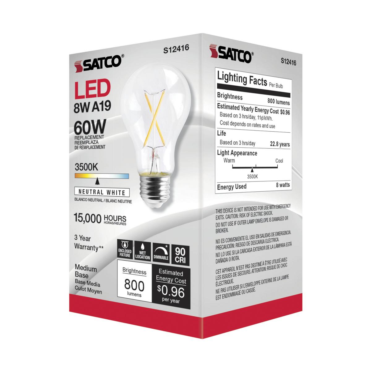 SATCO S12416 High Lumen 8W 120V A19 LED Bulbs E26 Medium Base 3500K Dimmable (6 Pack)