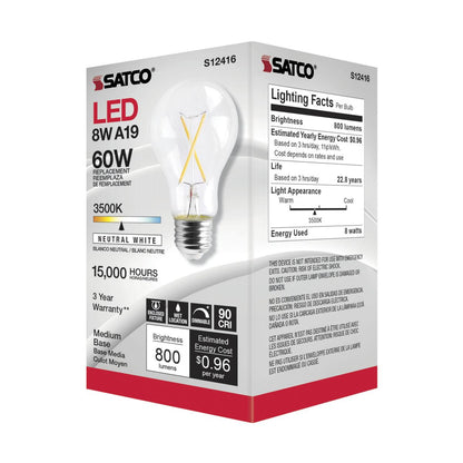 SATCO S12416 High Lumen 8W 120V A19 LED Bulbs E26 Medium Base 3500K Dimmable (6 Pack)