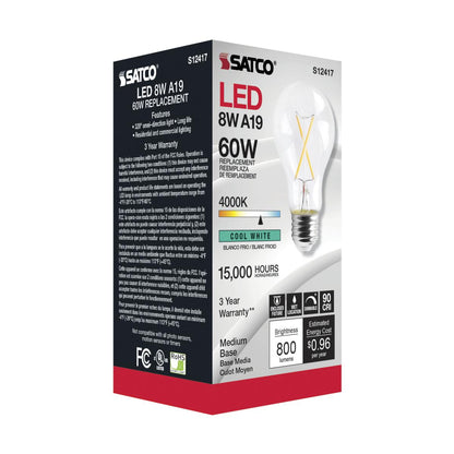 SATCO S12417 High Lumen 8W 120V A19 LED Bulbs E26 Medium Base 4000K Dimmable (24 Pack)