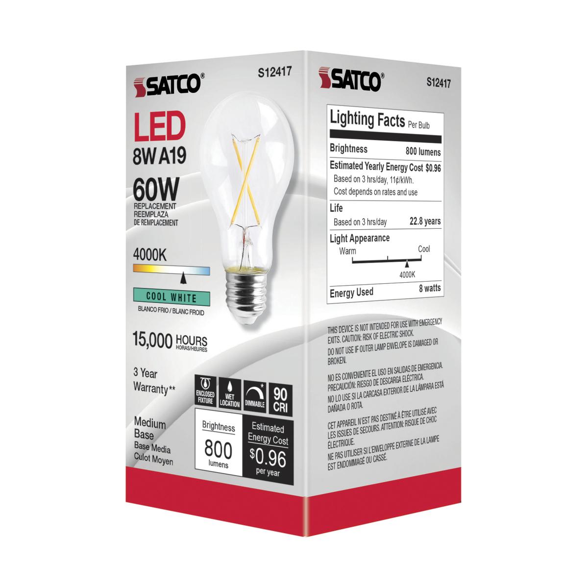 SATCO S12417 High Lumen 8W 120V A19 LED Bulbs E26 Medium Base 4000K Dimmable (24 Pack)