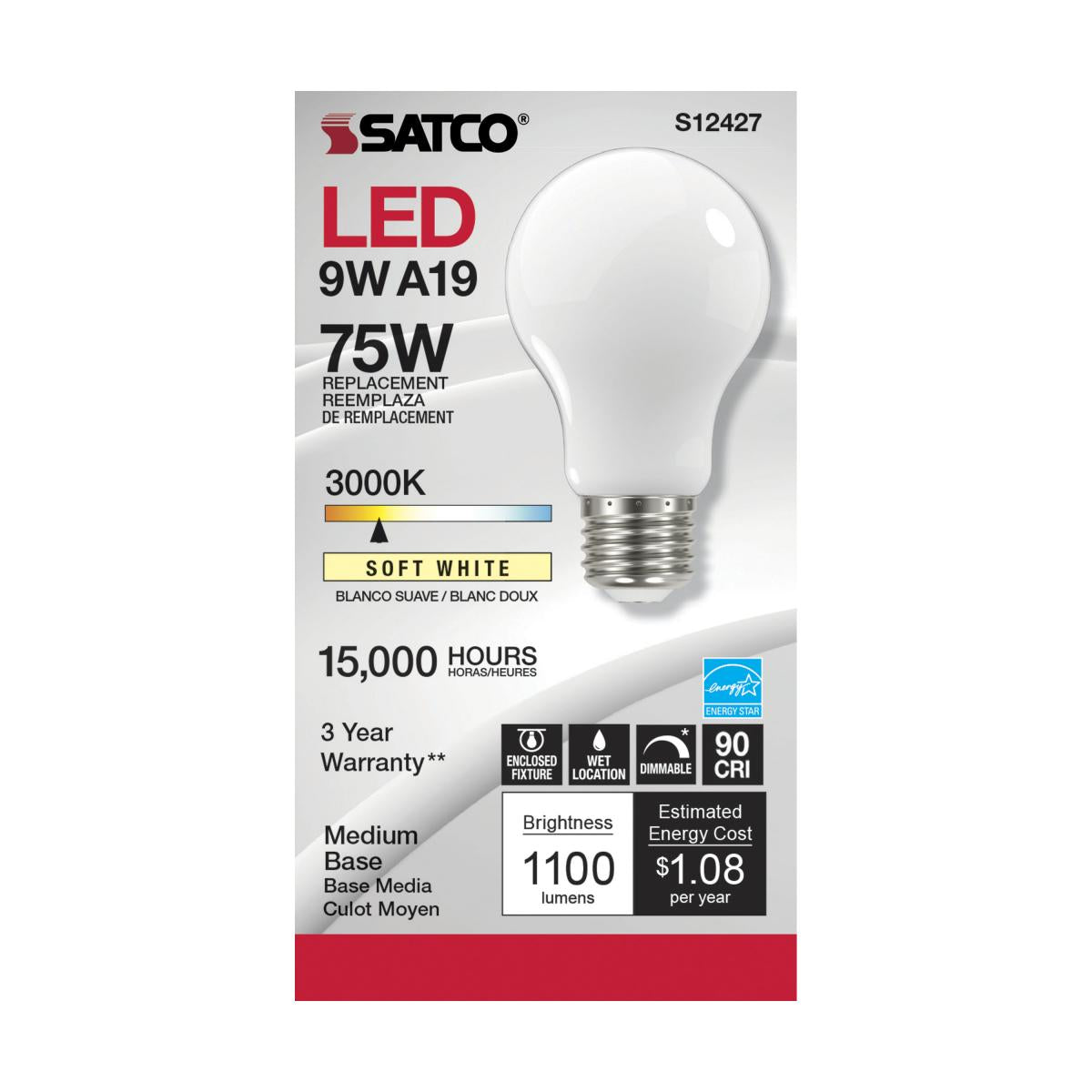 SATCO S12427 High Lumen 11W 120V A19 LED Bulbs E26 Medium Base 3000K Frosted Dimmable (6 Pack)