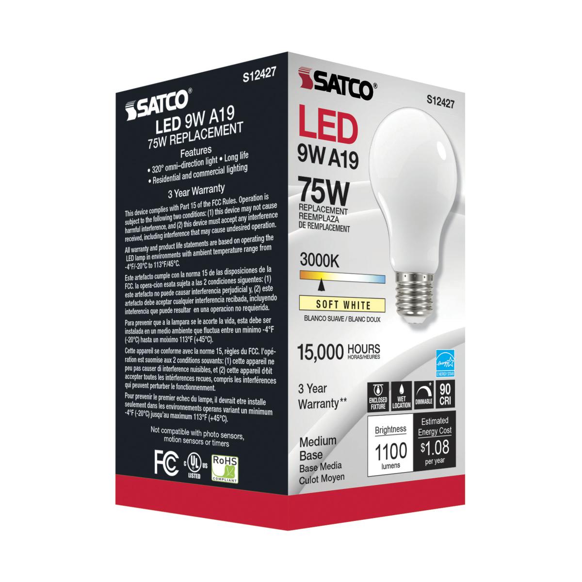 SATCO S12427 High Lumen 11W 120V A19 LED Bulbs E26 Medium Base 3000K Frosted Dimmable (6 Pack)