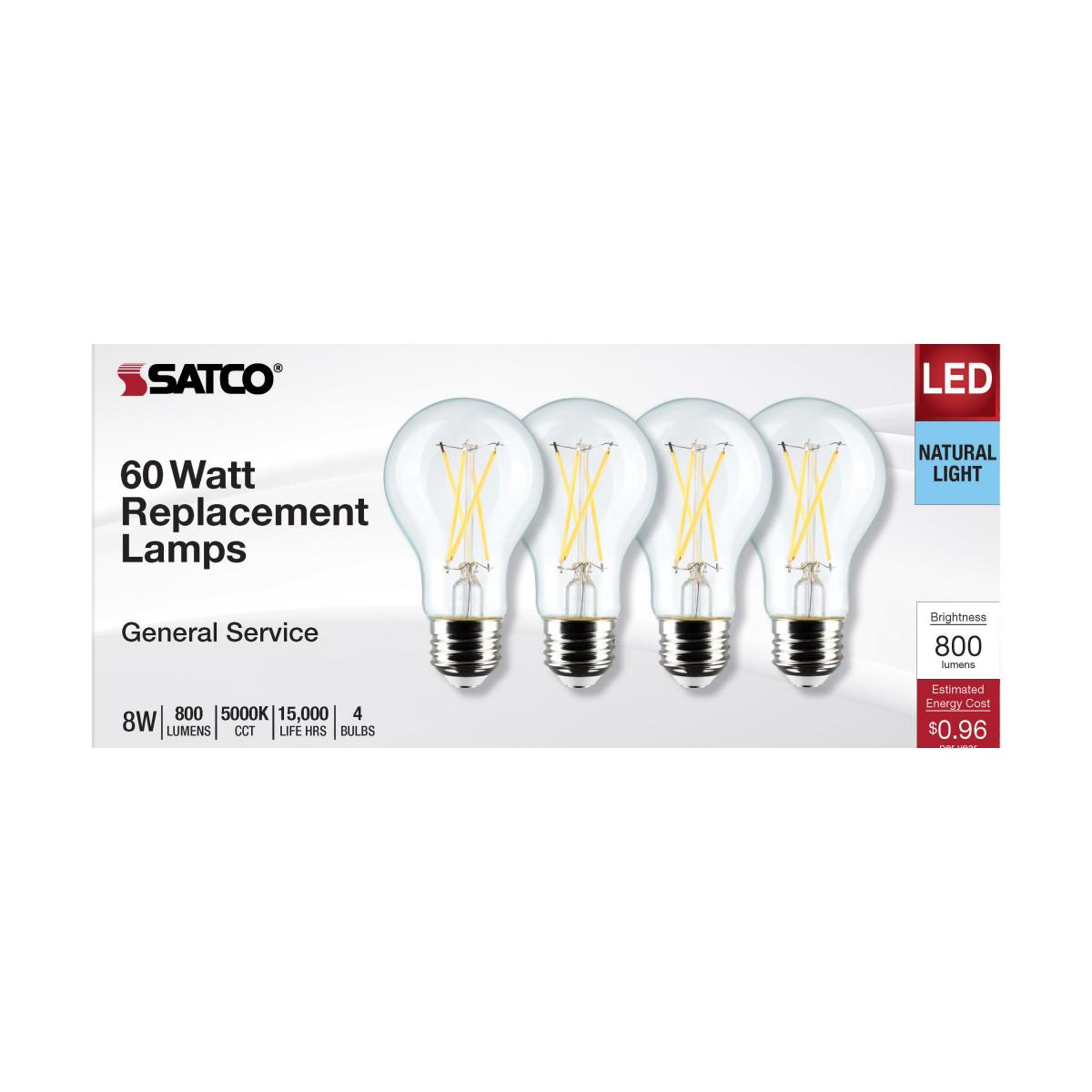 Satco S12465 - 8 Watt A19 LED; Clear; 5000K; Medium Base; 120 Volt