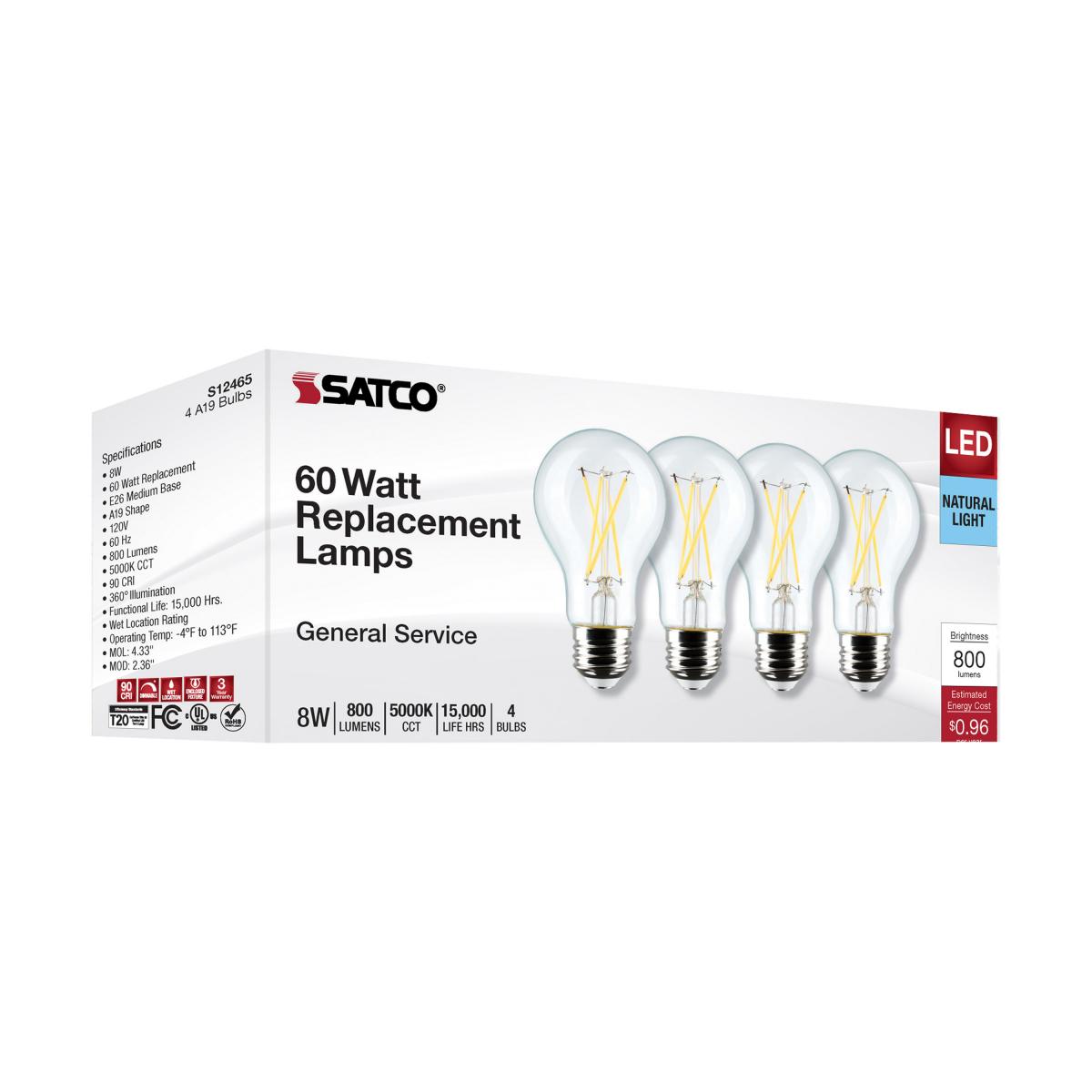 Satco S12465 - 8 Watt A19 LED; Clear; 5000K; Medium Base; 120 Volt