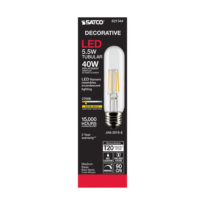 Satco S21344 T10 LED Light Bulb 5.5W 120V 2700K E26 Medium Base Dimmable (6 Pack)