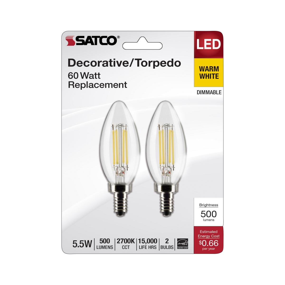 SATCO S21827 B11 LED Candle Light Bulbs 5.5W 120V 2700K 500L E12 Candelabra Base Dimmable (12 Light Bulbs)