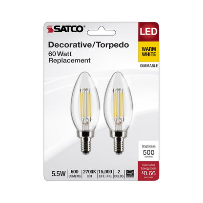 SATCO S21827 B11 LED Candle Light Bulbs 5.5W 120V 2700K 500L E12 Candelabra Base Dimmable (12 Light Bulbs)