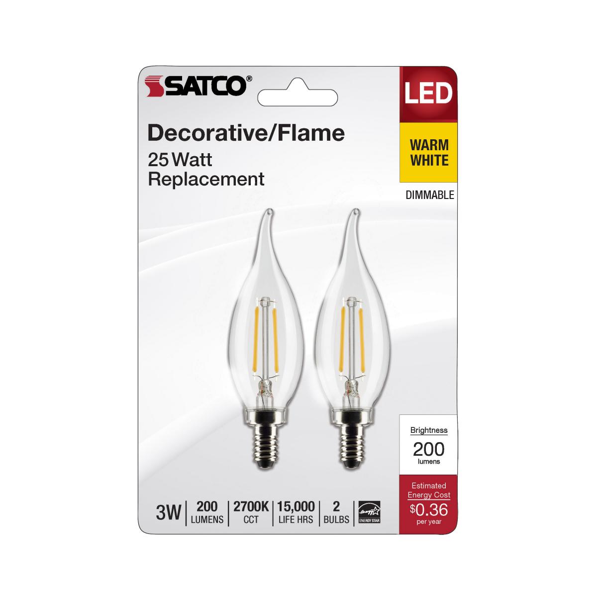 SATCO S21839 CA10 LED Candle Light Bulbs 3W 120V 2700K 200L E12 Candelabra Base Dimmable (4 Light Bulbs)