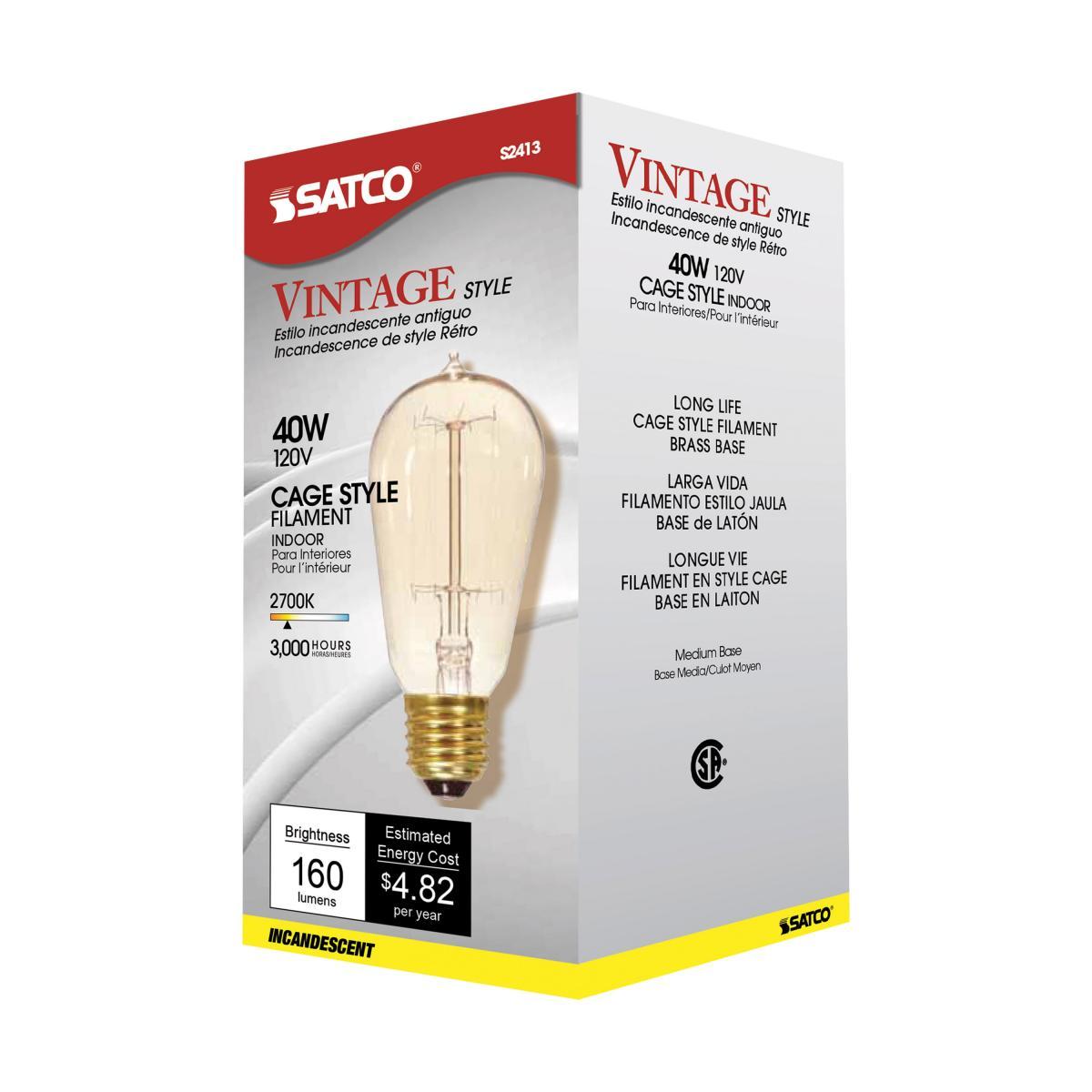 SATCO S2413 Incandescent Vintage Light Bulb 40W 120V ST19 160L 2700K Dimmable (6 Pack)