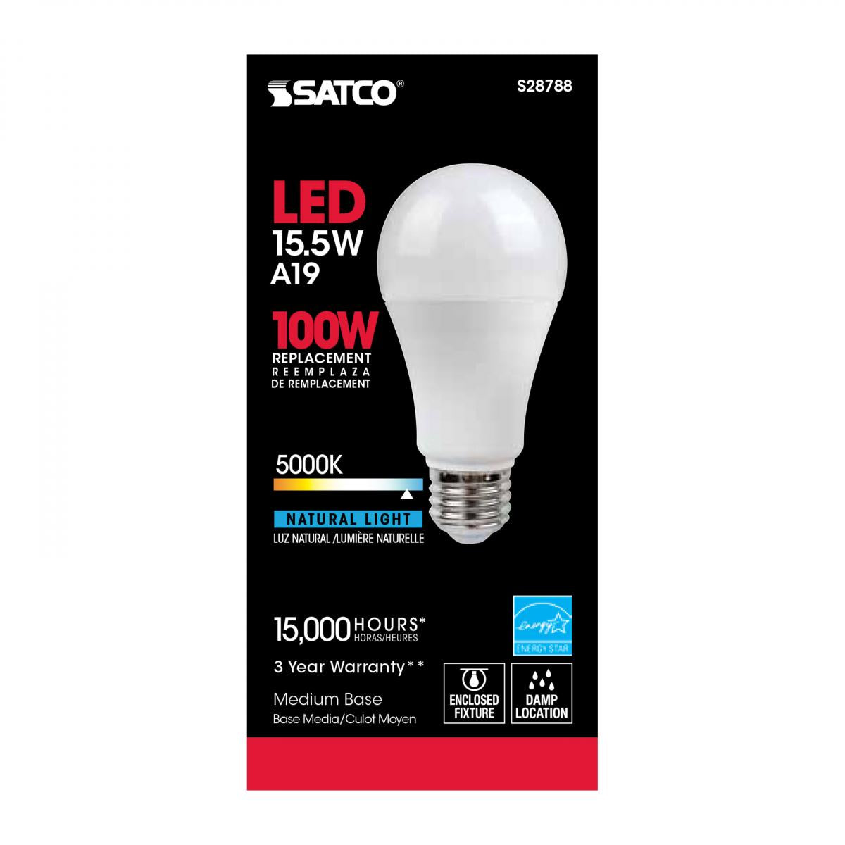 Satco S28788 - 15.5 Watt; A19 LED; 5000K; Medium base; 220 deg. Beam Angle;120 Volt