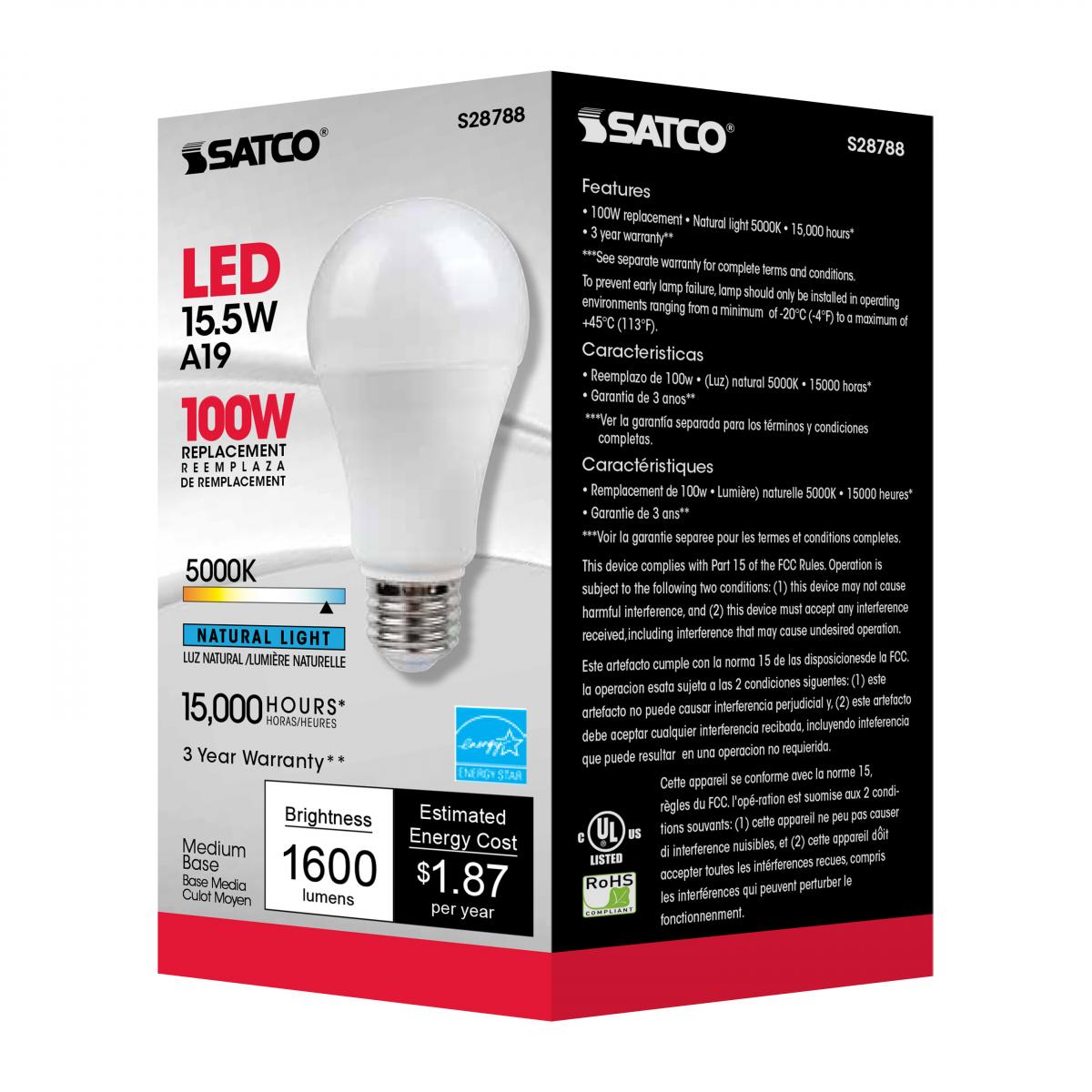 Satco S28788 - 15.5 Watt; A19 LED; 5000K; Medium base; 220 deg. Beam Angle;120 Volt