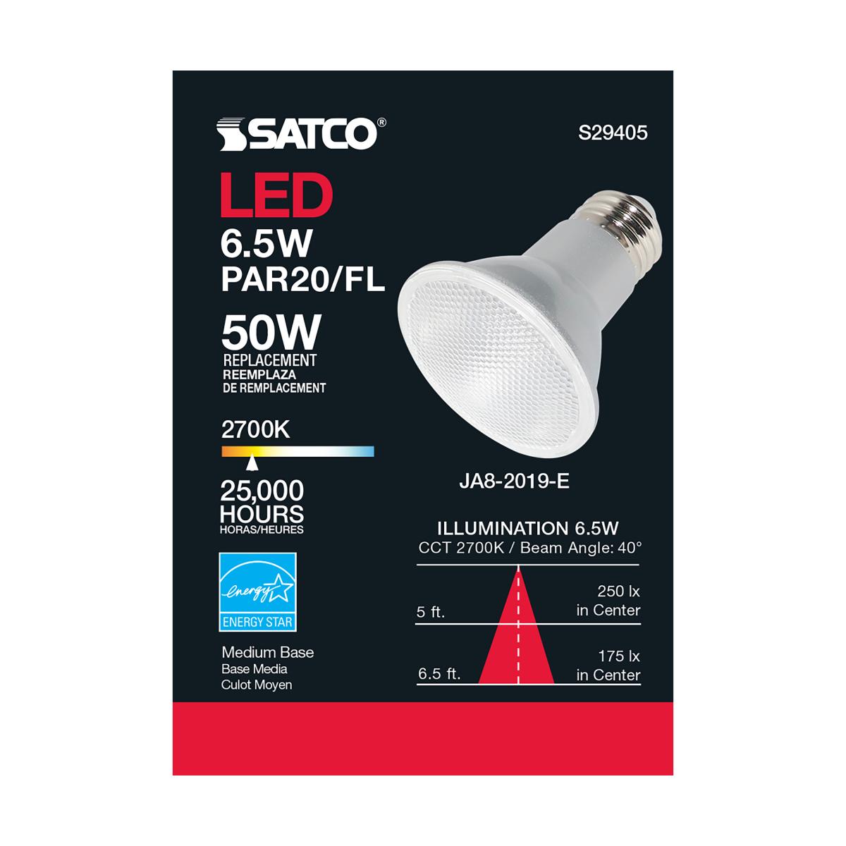 Satco S29405 - 6.5 Watt; PAR20 LED; 2700K; 40 deg. Beam Angle; Medium base; 120 Volt (6 Pack)