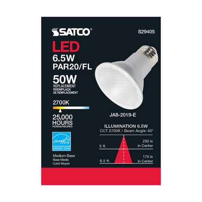 Satco S29405 - 6.5 Watt; PAR20 LED; 2700K; 40 deg. Beam Angle; Medium base; 120 Volt (6 Pack)