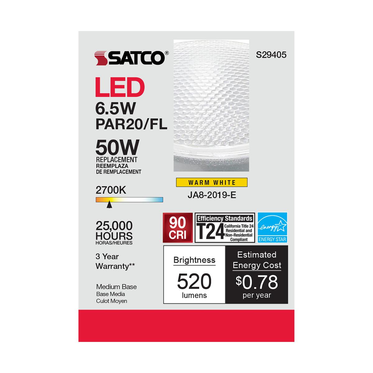 Satco S29405 - 6.5 Watt; PAR20 LED; 2700K; 40 deg. Beam Angle; Medium base; 120 Volt (6 Pack)