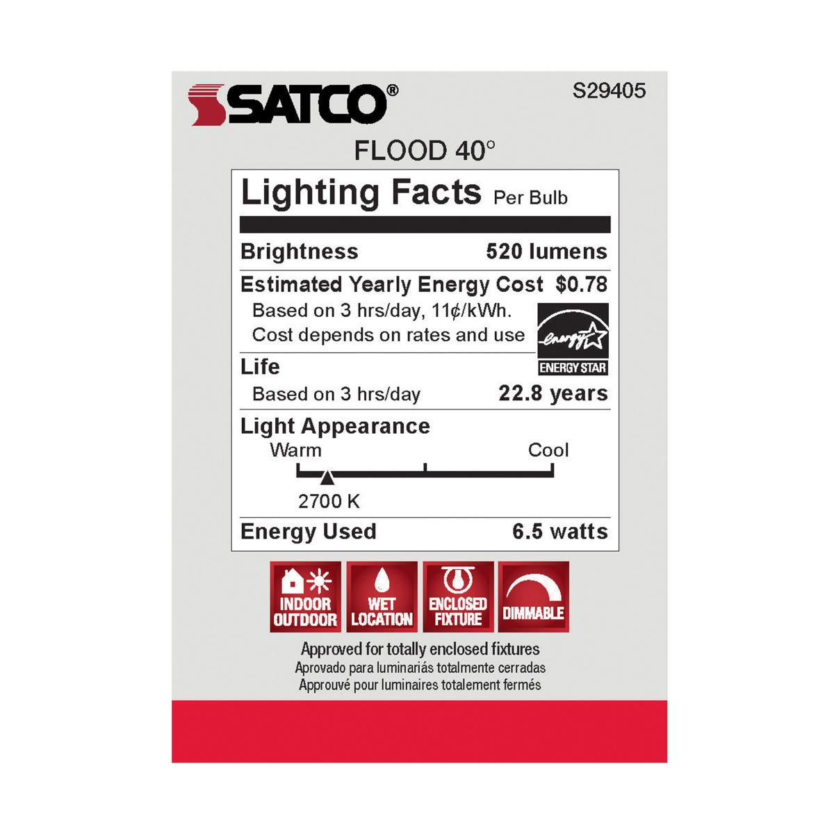 Satco S29405 - 6.5 Watt; PAR20 LED; 2700K; 40 deg. Beam Angle; Medium base; 120 Volt (6 Pack)