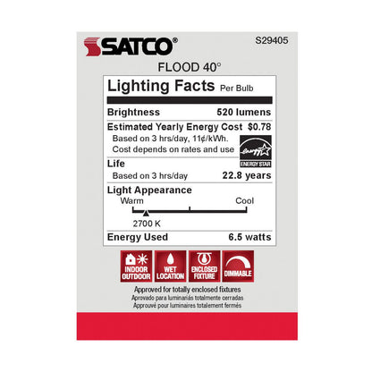 Satco S29405 - 6.5 Watt; PAR20 LED; 2700K; 40 deg. Beam Angle; Medium base; 120 Volt (6 Pack)