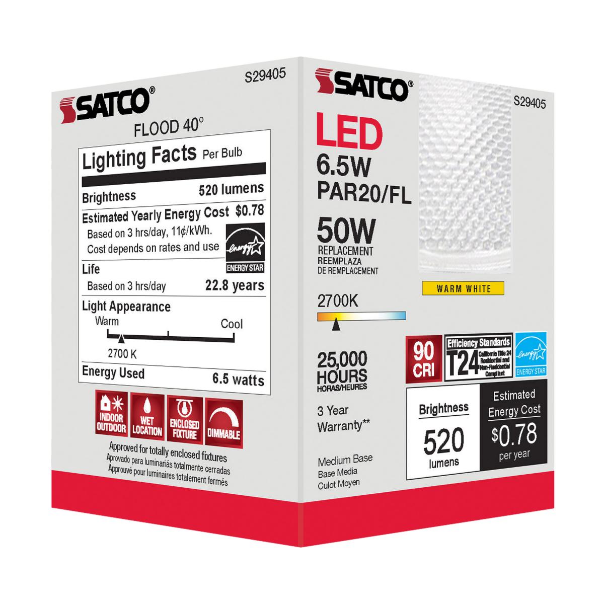 Satco S29405 - 6.5 Watt; PAR20 LED; 2700K; 40 deg. Beam Angle; Medium base; 120 Volt (6 Pack)