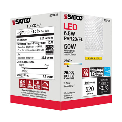 Satco S29405 - 6.5 Watt; PAR20 LED; 2700K; 40 deg. Beam Angle; Medium base; 120 Volt (6 Pack)