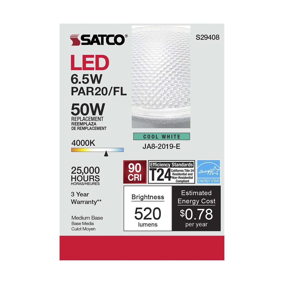 Satco S29408 - 6.5 Watt; PAR20 LED; 4000K; 40 deg. Beam Angle; Medium base; 120 Volt (6 PACK)