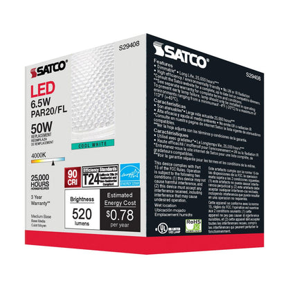 Satco S29408 - 6.5 Watt; PAR20 LED; 4000K; 40 deg. Beam Angle; Medium base; 120 Volt (6 PACK)