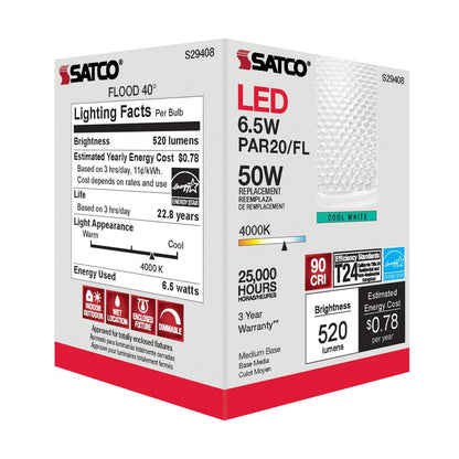 Satco S29408 - 6.5 Watt; PAR20 LED; 4000K; 40 deg. Beam Angle; Medium base; 120 Volt (6 PACK)