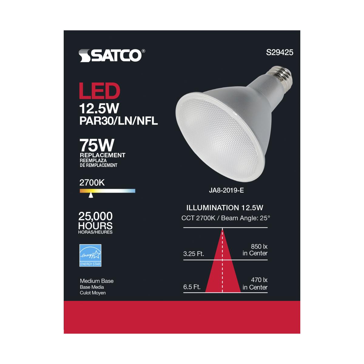 Satco S29425 - 12.5 Watt PAR30LN LED bulb - 2700K - 25 deg. Beam Angle - 120 Volt