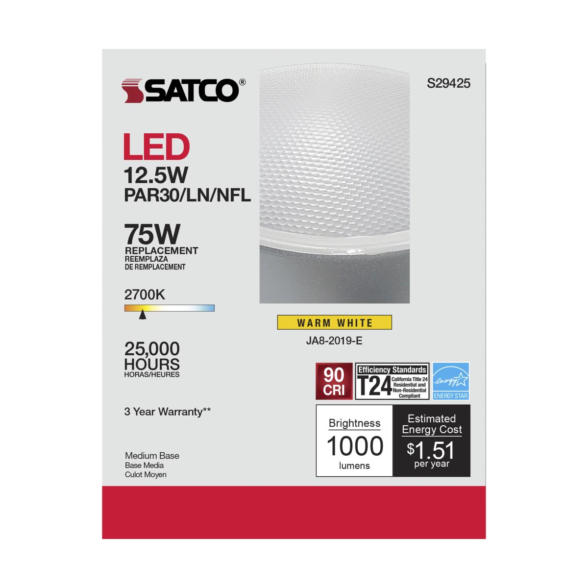 Satco S29425 - 12.5 Watt PAR30LN LED bulb - 2700K - 25 deg. Beam Angle - 120 Volt