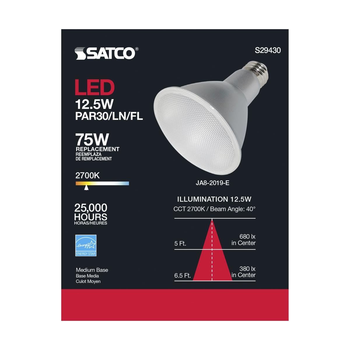 Satco S29430 - 12.5 Watt; PAR30LN LED; 2700K; 40 deg. Beam Angle; Medium base; 120 Volt (6 Pack)