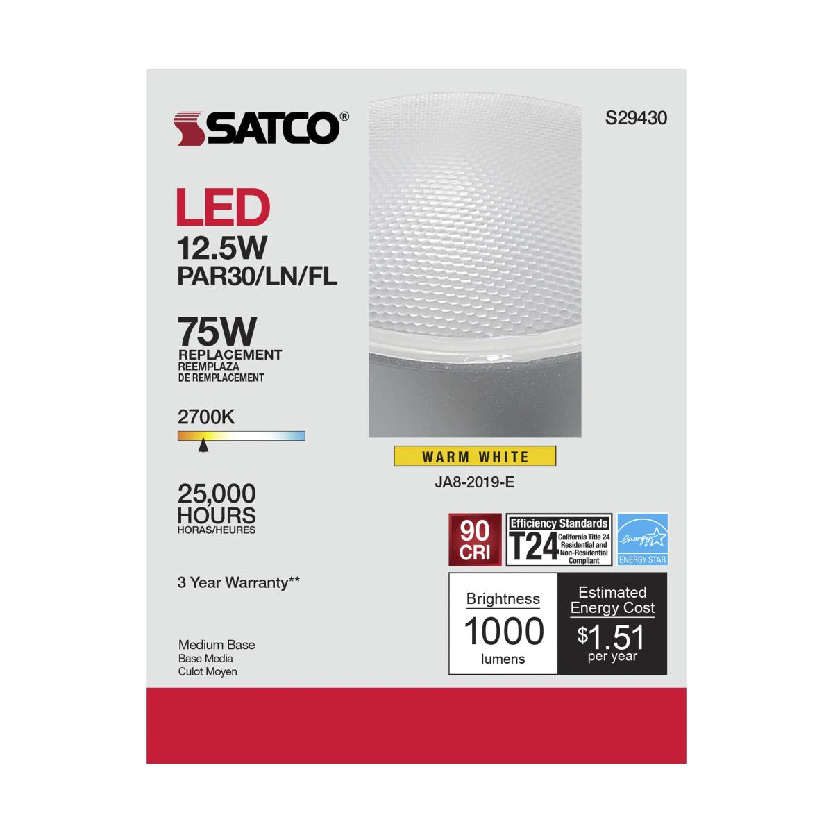 Satco S29430 - 12.5 Watt; PAR30LN LED; 2700K; 40 deg. Beam Angle; Medium base; 120 Volt (6 Pack)