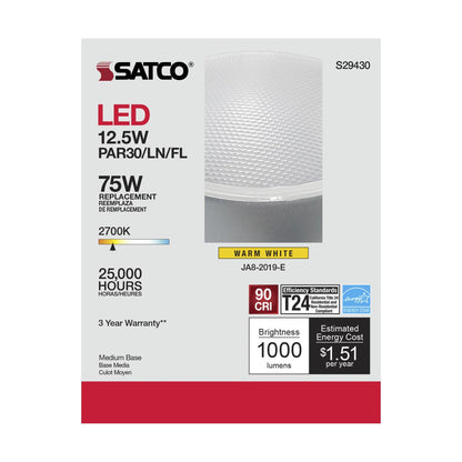 Satco S29430 - 12.5 Watt; PAR30LN LED; 2700K; 40 deg. Beam Angle; Medium base; 120 Volt (6 Pack)