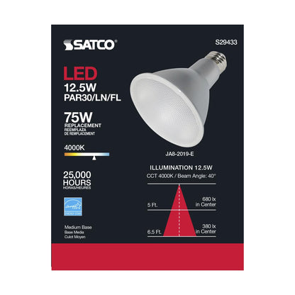 Satco S29433 - 12.5 Watt; PAR30LN LED; 4000K; 40 deg. Beam Angle; Medium base; 120 Volt