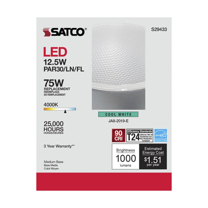 Satco S29433 - 12.5 Watt; PAR30LN LED; 4000K; 40 deg. Beam Angle; Medium base; 120 Volt