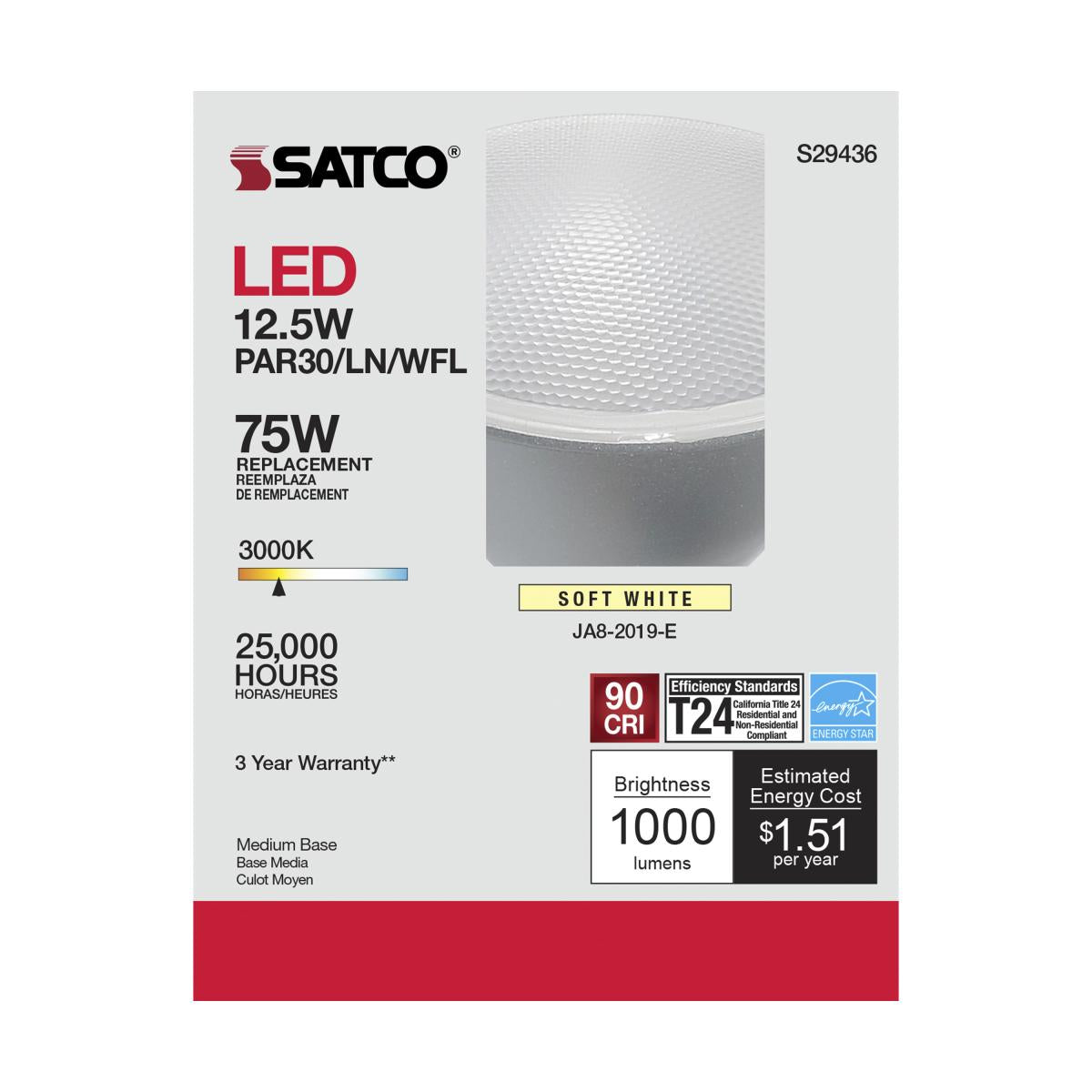 Satco S29436 - 12.5 Watt PAR30LN LED bulb - 3000K; 60 deg. Beam Angle; Medium base; 120 Volt