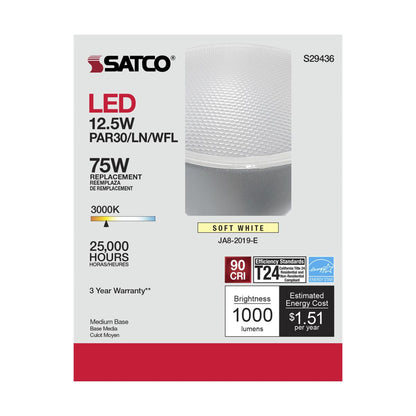 Satco S29436 - 12.5 Watt PAR30LN LED bulb - 3000K; 60 deg. Beam Angle; Medium base; 120 Volt