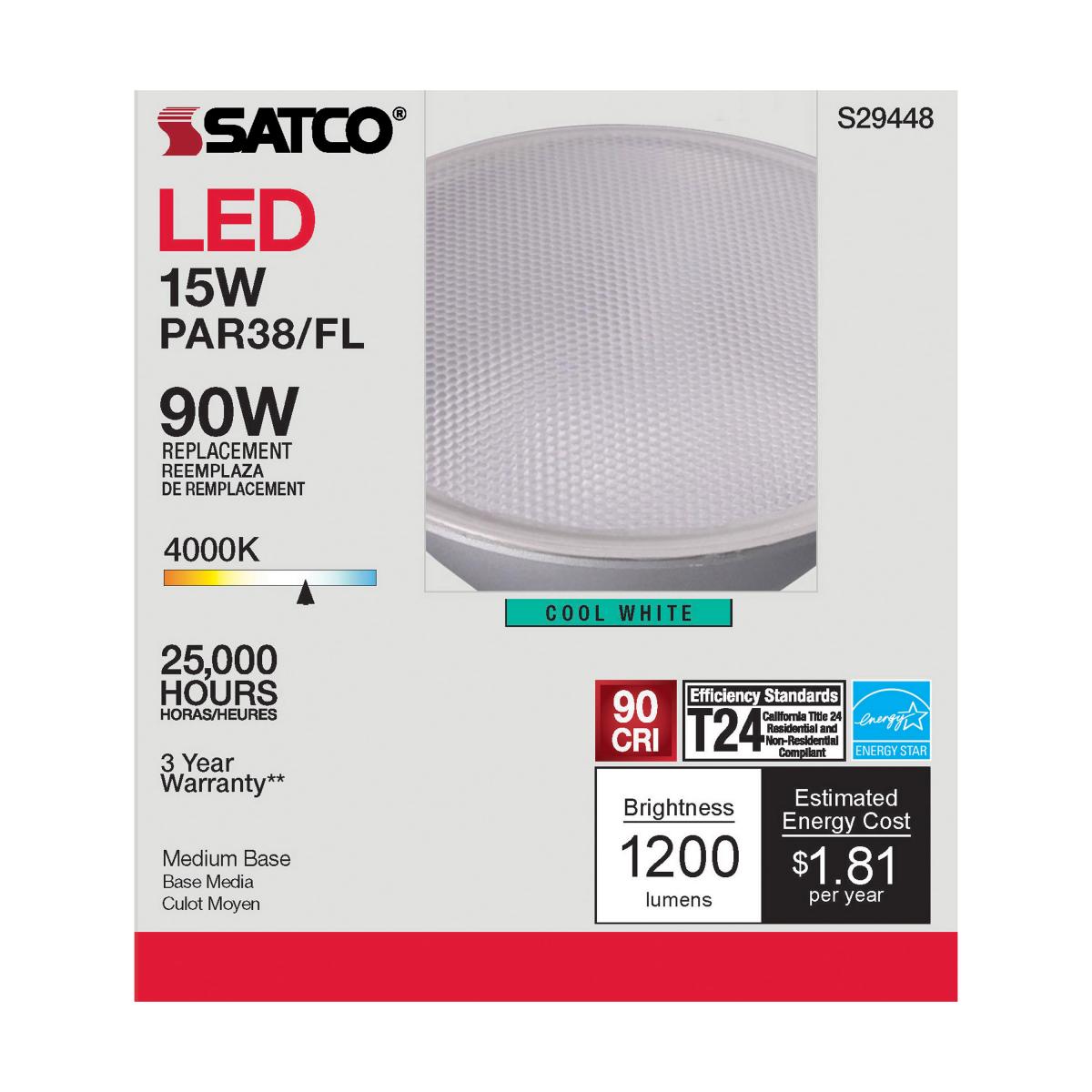 Satco S29448 - 15 Watt; PAR38 LED; 4000K; 40 deg. Beam Angle; Medium base; 120 Volt