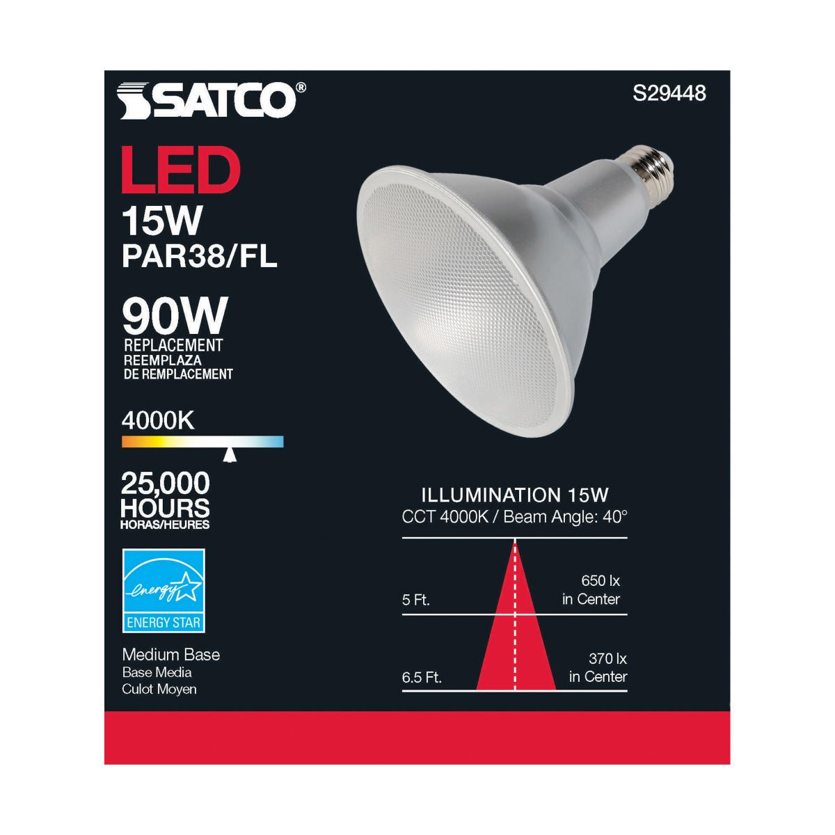 Satco S29448 - 15 Watt; PAR38 LED; 4000K; 40 deg. Beam Angle; Medium base; 120 Volt