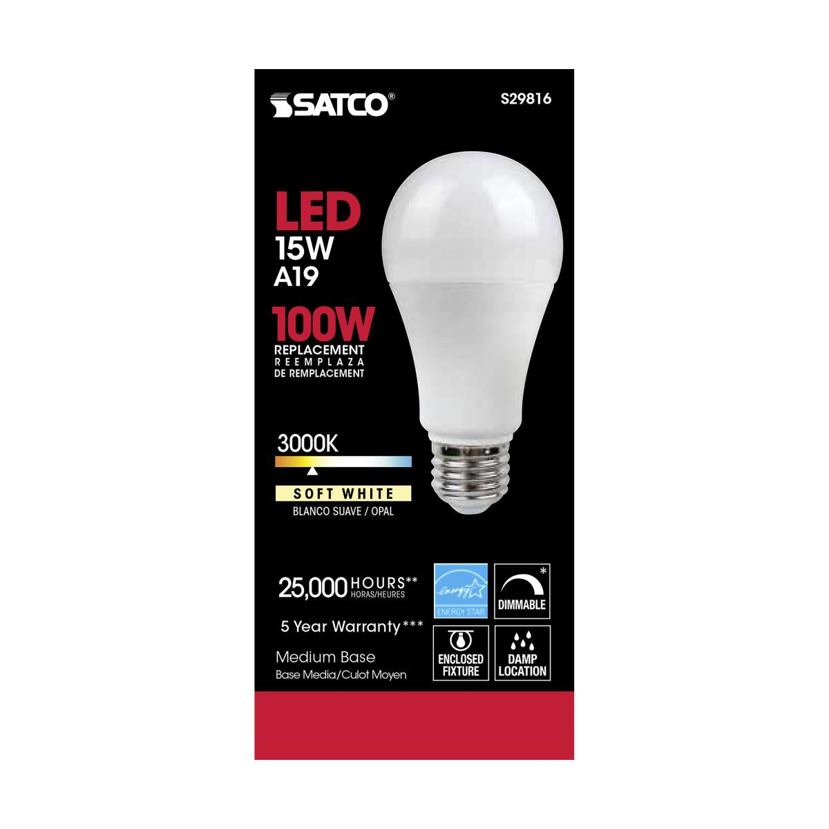 Satco S29816 - 15 Watt; A19 LED; Frosted; 3000K; Medium base; 120 Volt (6 Pack)