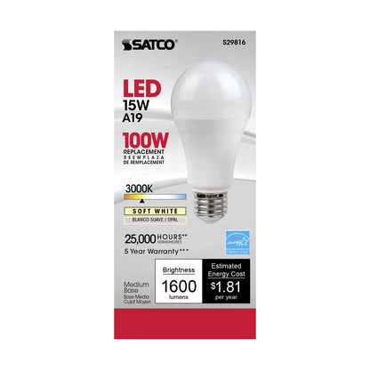 Satco S29816 - 15 Watt; A19 LED; Frosted; 3000K; Medium base; 120 Volt (6 Pack)