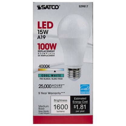 Satco S29817 - 15 Watt; A19 LED; Frosted; 4000K; Medium base; 120 Volt (6 Pack)