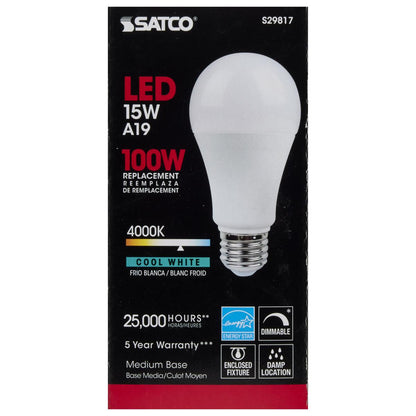 Satco S29817 - 15 Watt; A19 LED; Frosted; 4000K; Medium base; 120 Volt (6 Pack)